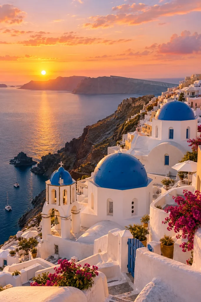 Mái vòm xanh và nhà trắng nhìn ra biển Santorini trong ánh hoàng hôn, minh họa AI