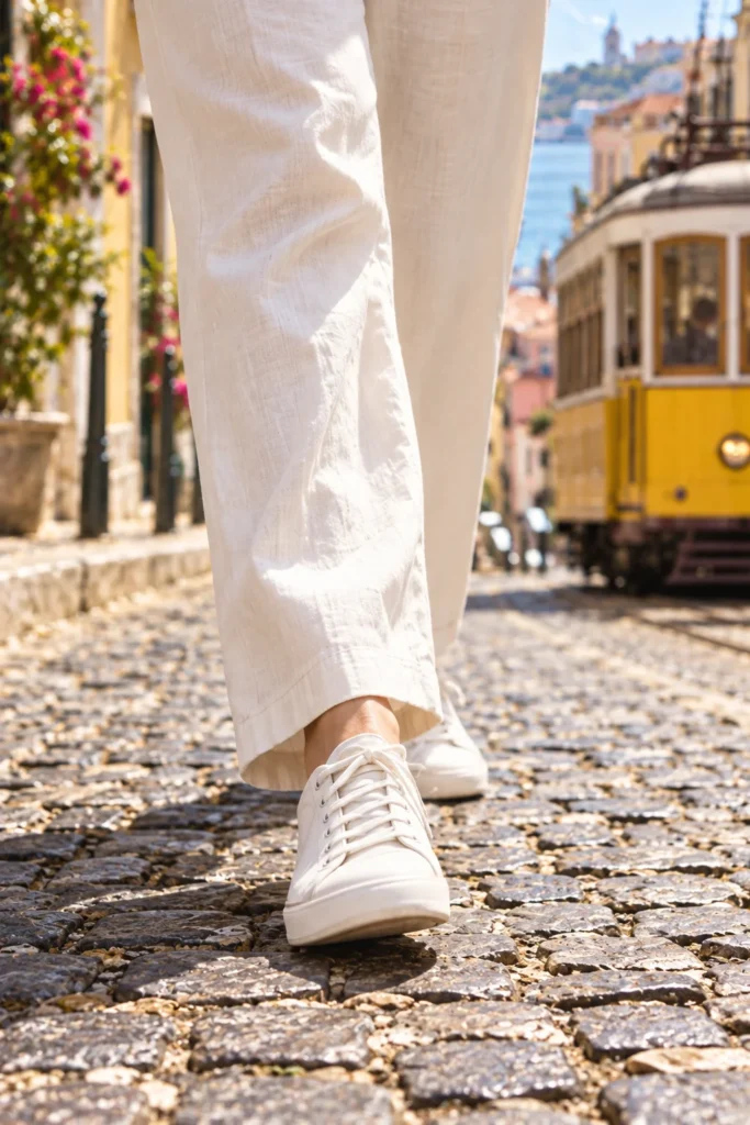Gấu quần linen và đôi sneaker trắng trên mặt đường lát đá