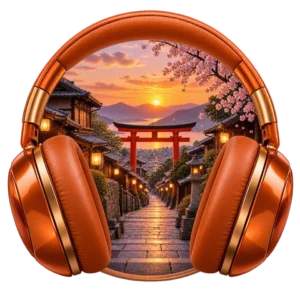 Tai nghe cam với cổng torii và phố gỗ Nhật Bản